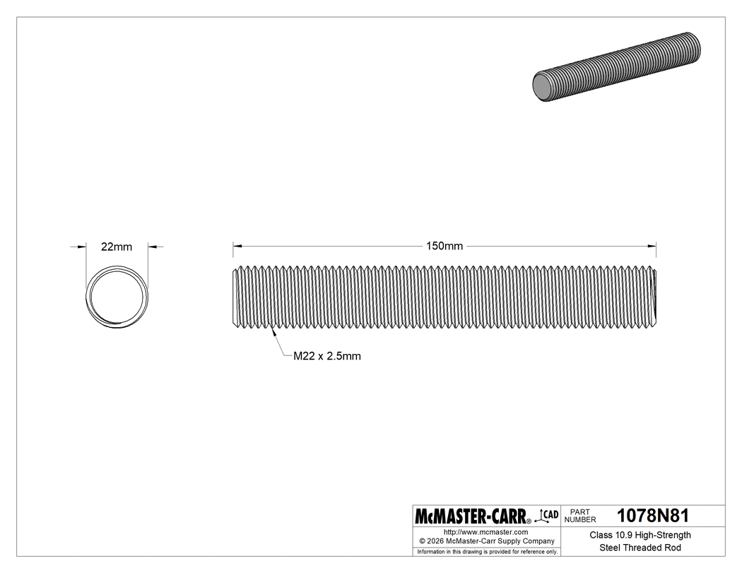 Technical Drawing of Class 10.9 High-Strength Steel Threaded Rod, M22 x 2.5 mm Thread Size, 150 mm Long.